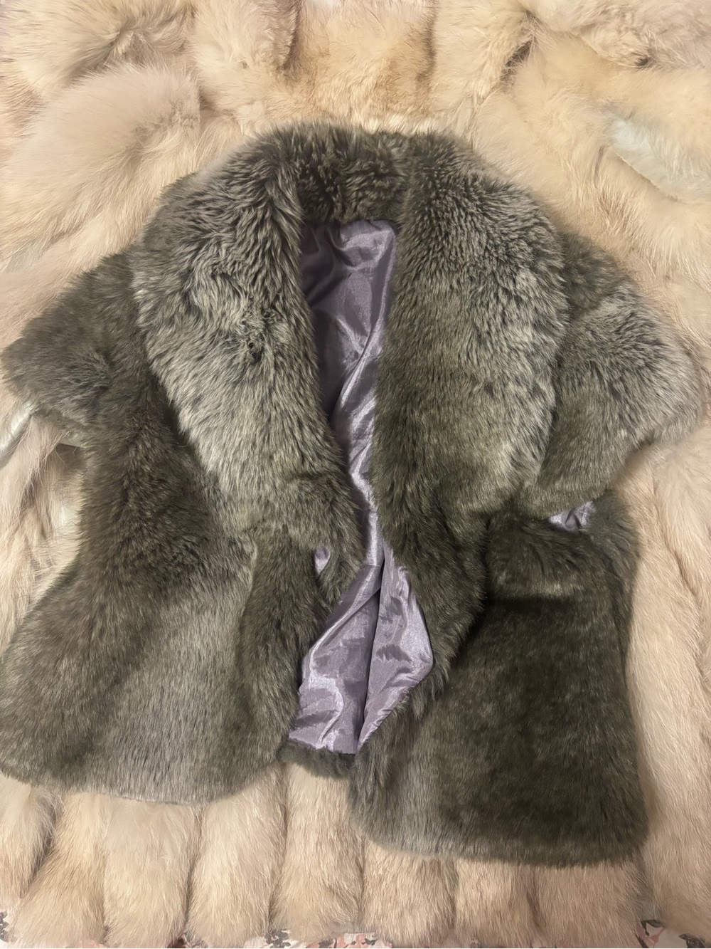 Luxury Women's Faux Fur Cropped Vest in Olive Gray w/ Purple Lining